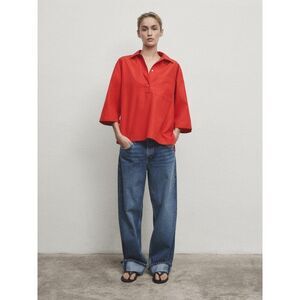 Massimo Dutti Womens Polo Shirt XS Red Relaxed Loose Fit 3/4 Sleeve 5195/557 NWT